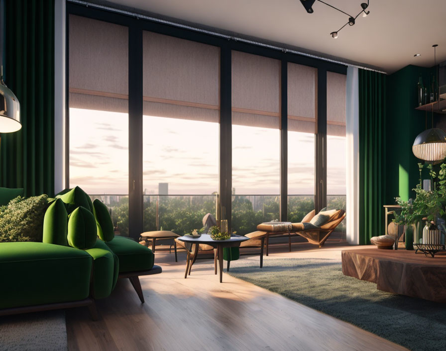 Sunset Modern Living Room with Large Windows, Green Sofa, Wooden Floors
