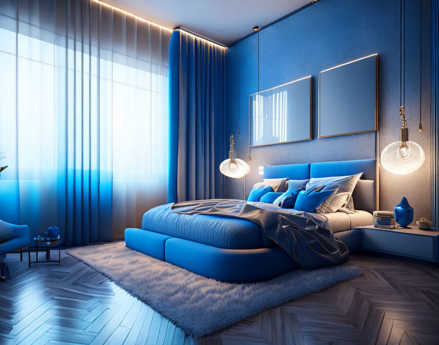 Modern Bedroom with Blue Tones, Large Bed, Pendant Lights, Seating Area, and Fur Rug