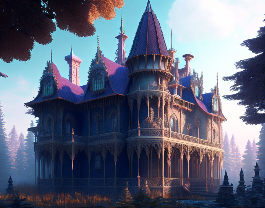 Majestic fantasy castle with pointed turrets in serene forest at sunrise