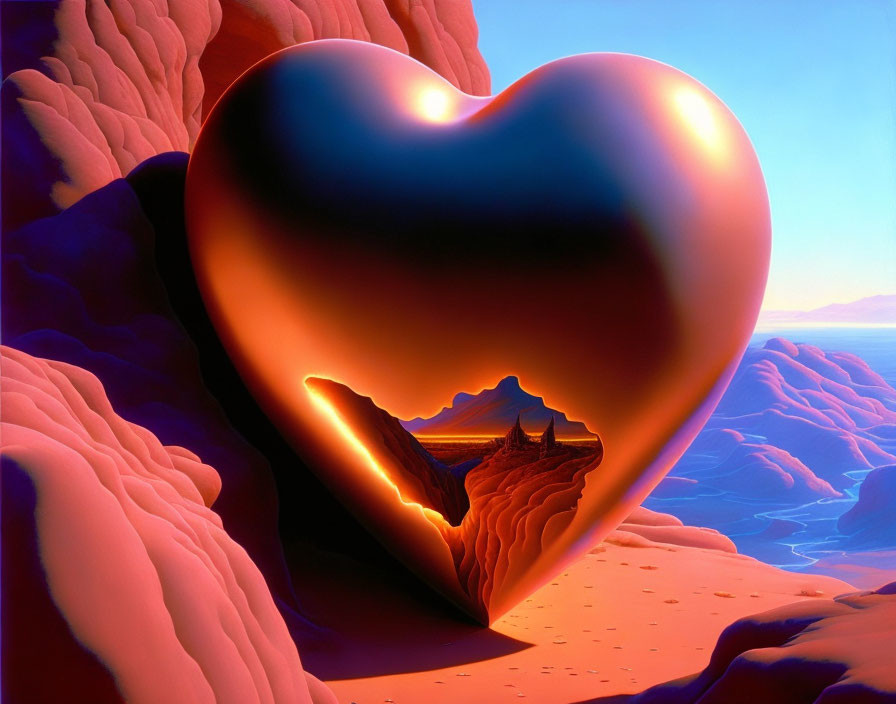 Shiny heart-shaped object in red rock formations at dusk