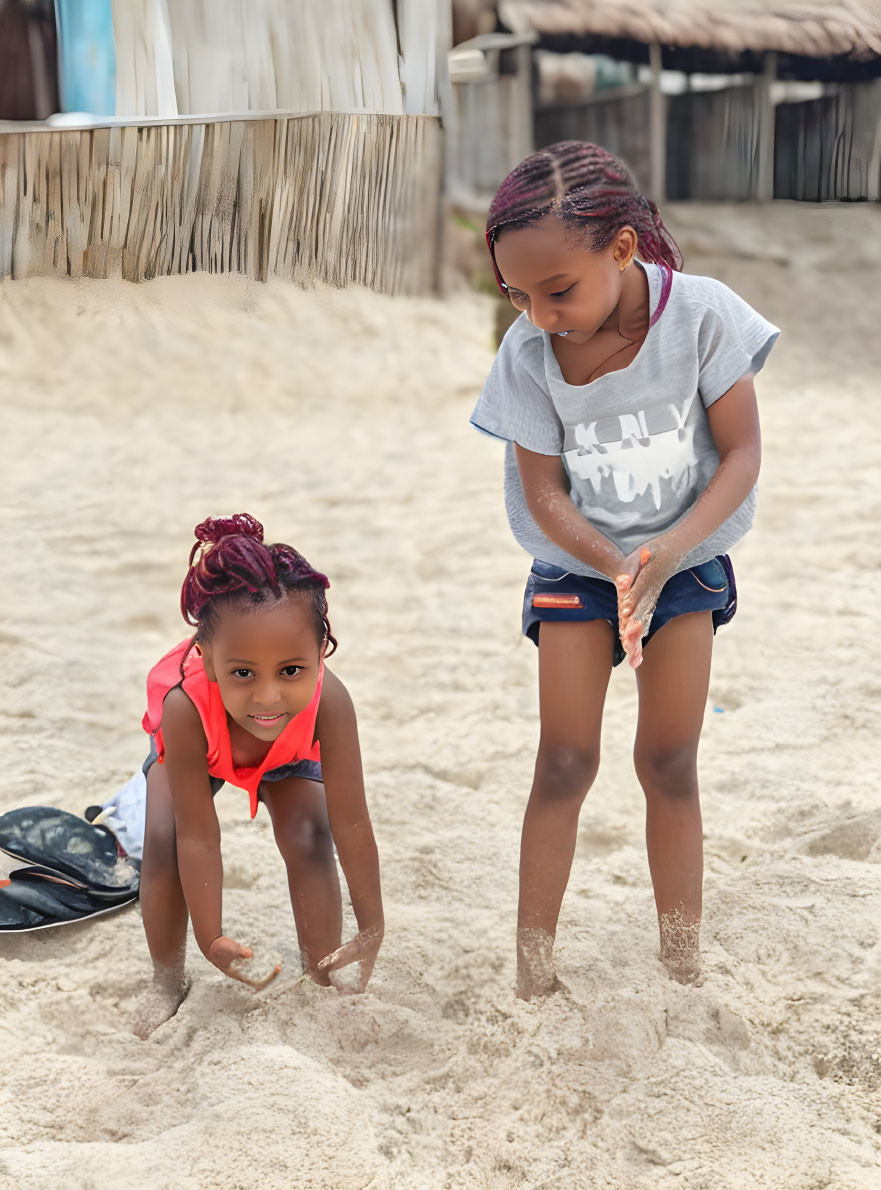 Two young girls playing on a beach, one crouching, the other standing, smiling at the