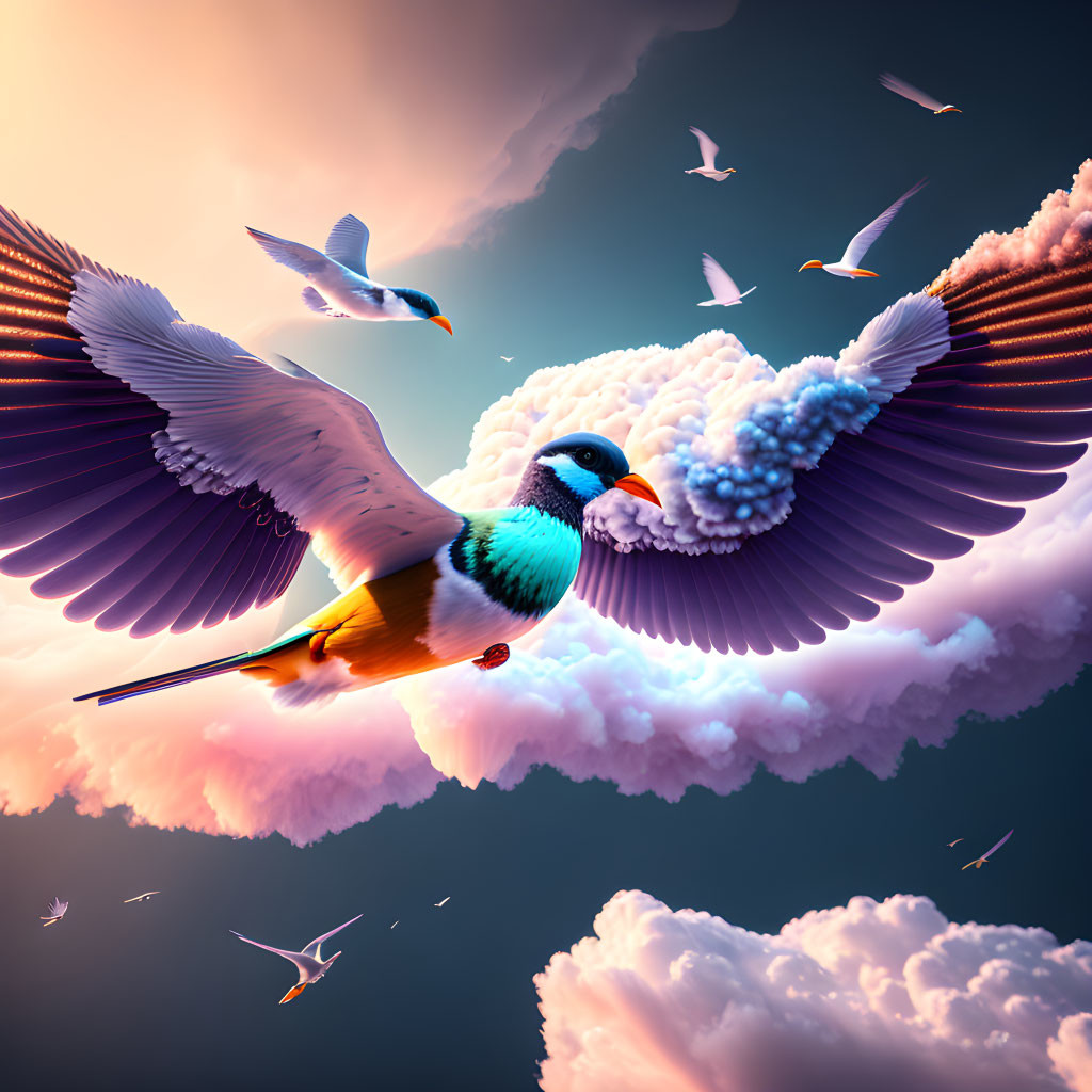 Colorful birds flying in pastel sky with fluffy clouds
