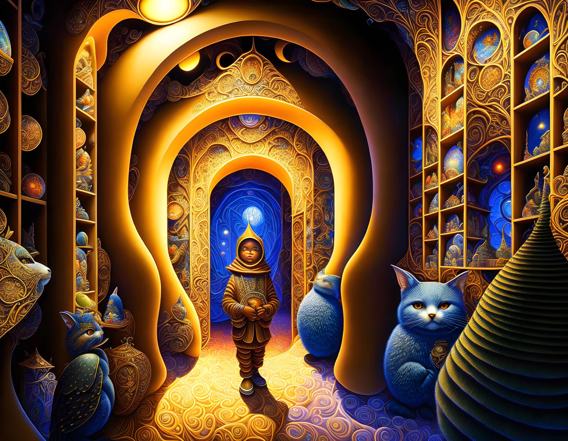 Child in vibrant corridor with cat statues and warm lighting
