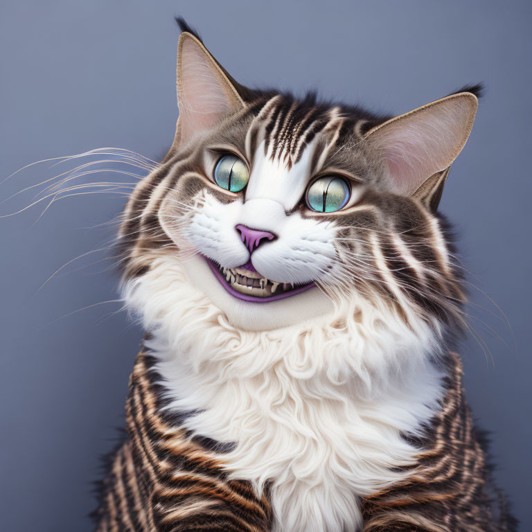 Digitally altered cat image with human-like features on gray background