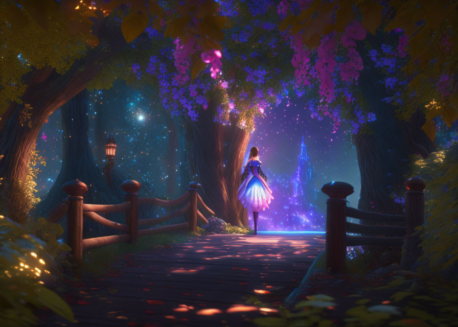 Person on magical forest path with vibrant flowers and glowing lights, facing distant castle
