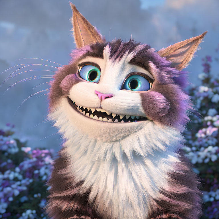 Striped animated cat with wide eyes and green eyes in colorful flower setting