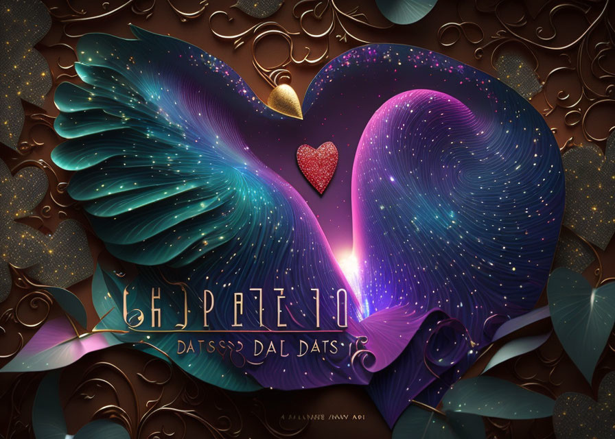 Heart-shaped wing illustration on chocolate background with golden heart and whimsical text