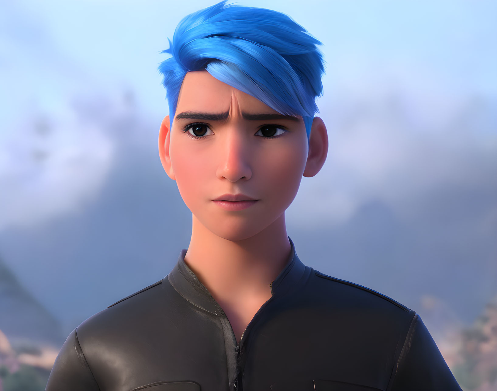 Young character with blue hair in serious expression against blurry natural backdrop