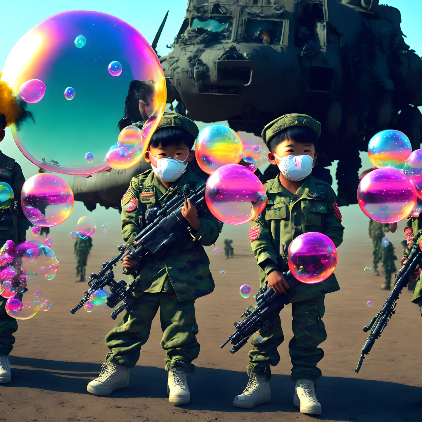 Young children in military attire with toy guns near tank in bubble-filled scene