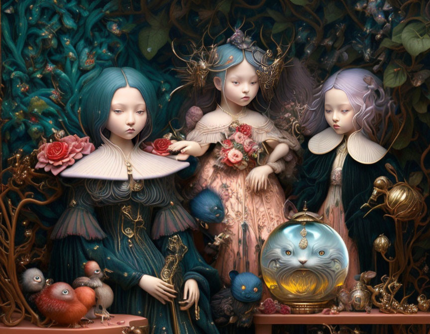 Ethereal Characters with Pastel Hair Surrounded by Flora