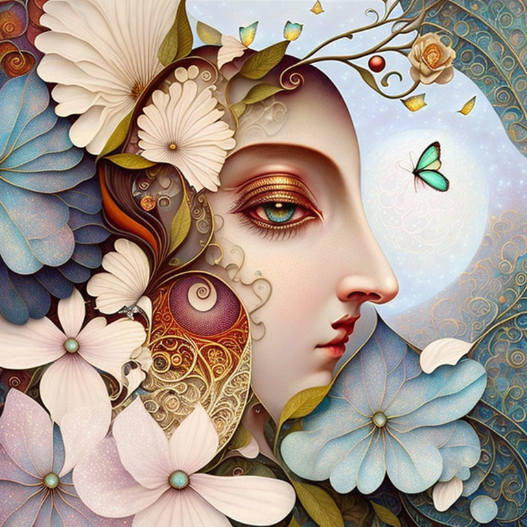 Intricate Floral and Butterfly Details on Woman's Face Artwork