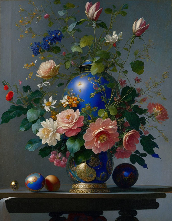 Ornate vase with vibrant flowers, decorative balls on table