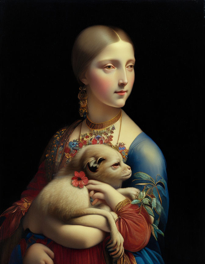 Serene woman portrait with white dog in red and blue dress