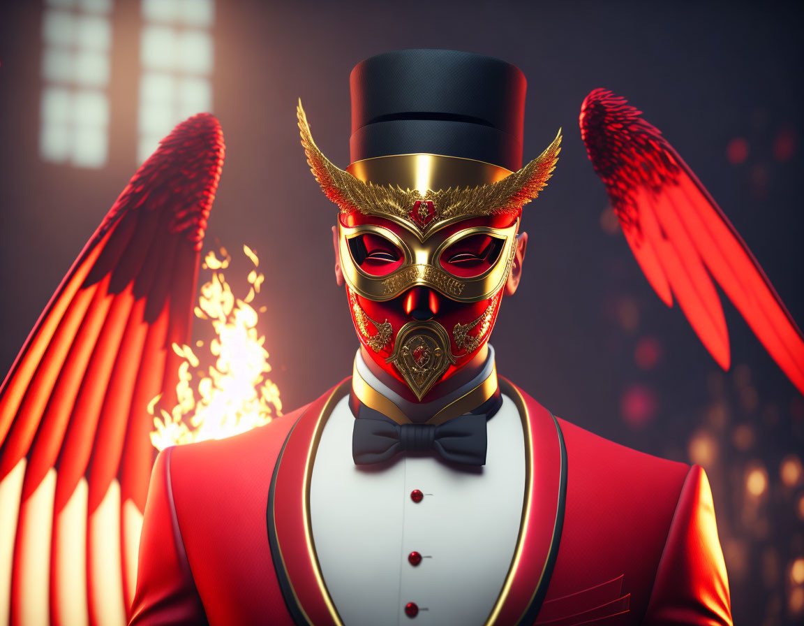 Person in Red Tuxedo with Golden Winged Mask Against Fiery Background