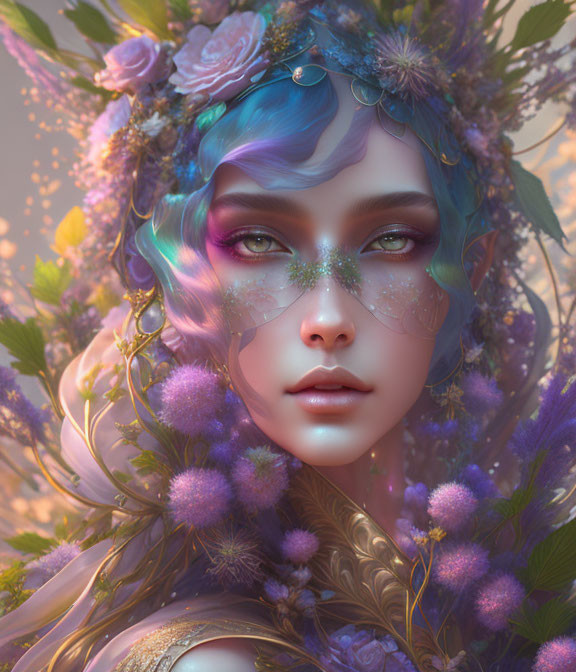 Colorful Fantasy Portrait of Female with Flowers, Glitter, and Purple Eyes