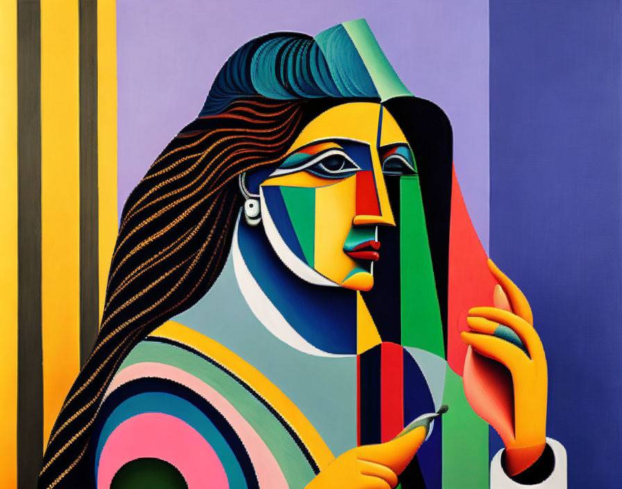 Vibrant cubist portrait of a woman with abstract geometric shapes