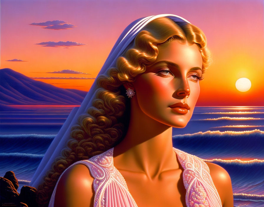 Vibrant sunset ocean portrait with woman in veil