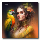 Baroque hair portrait with rosy cheeks and colorful bird.