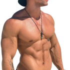 Muscular man in cap and colorful shorts on black background