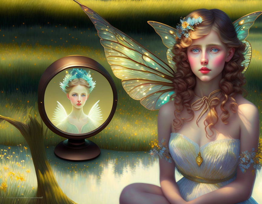 Whimsical fairy with delicate wings admiring reflection in golden meadow