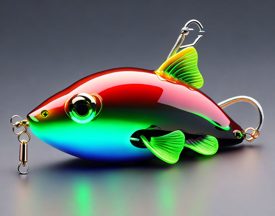 Vibrant Red, Green, and Blue Fishing Lure with Treble Hooks