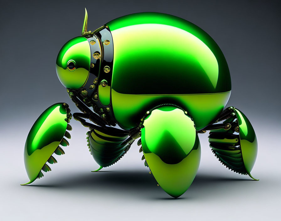 Futuristic green and black robotic beetle with metallic joints