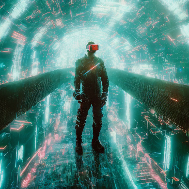 Futuristic Suit Figure in Glowing Visor in Cyberpunk Neon Tunnel