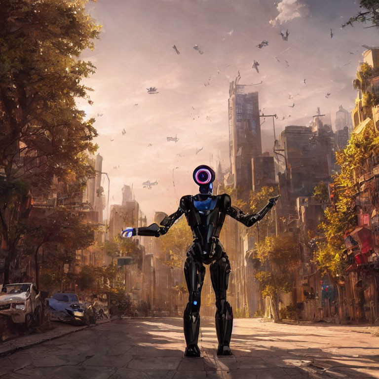 Futuristic robot with glowing purple circle in deserted city street