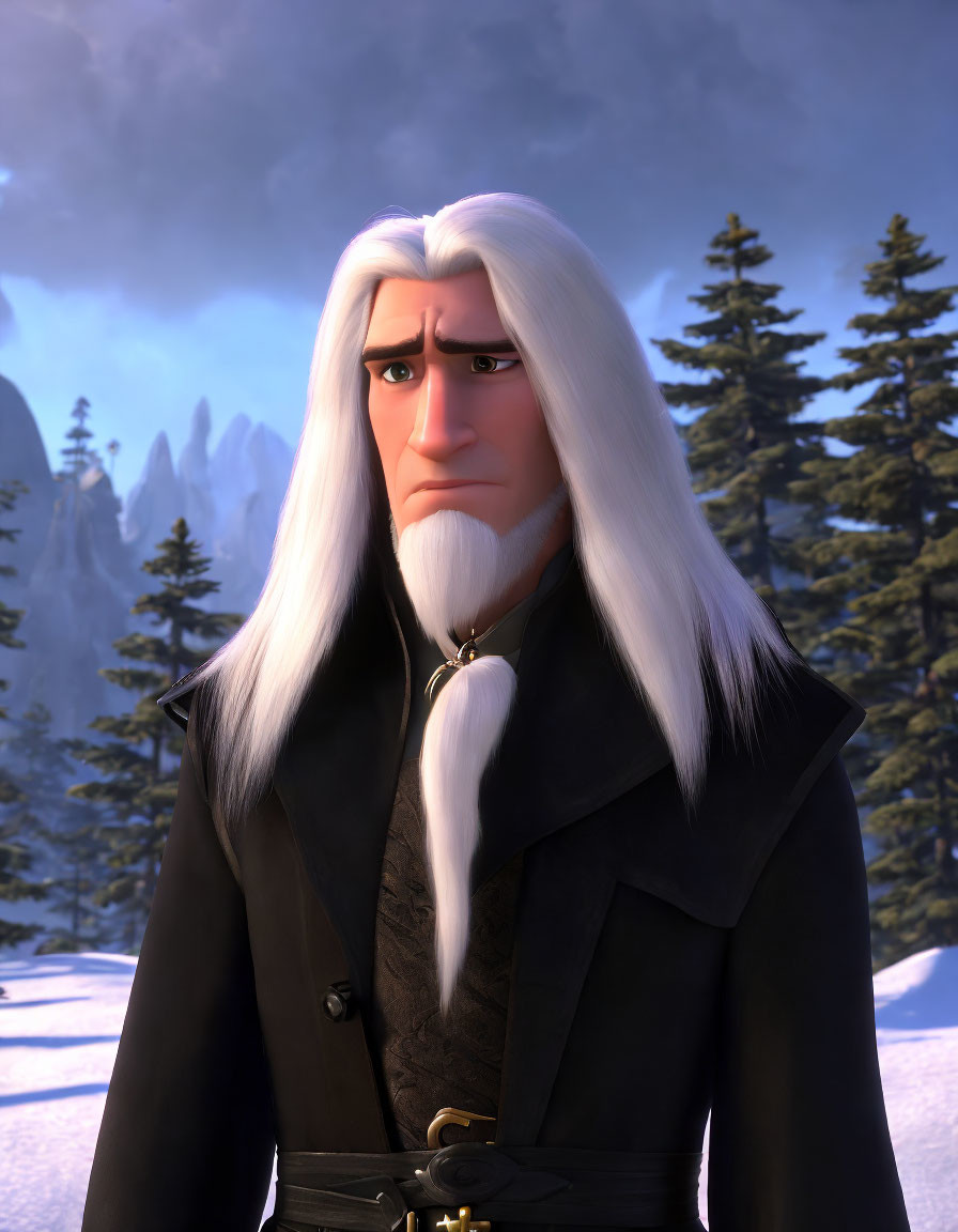 Long-haired male character in black coat in snowy landscape