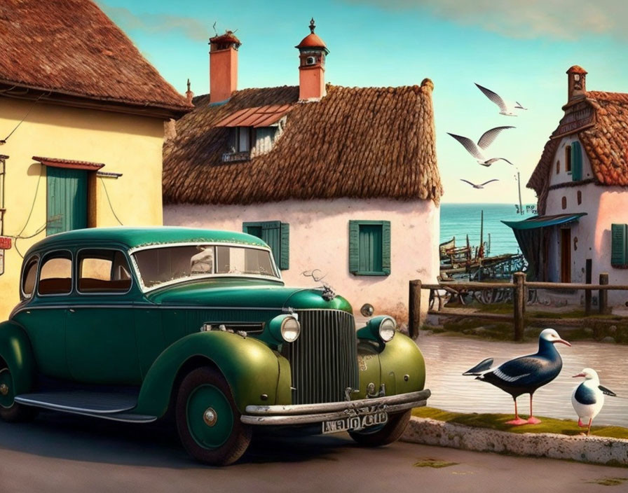 Vintage Green Car Parked Near Quaint Houses with Seagulls Flying - Coastal Village Scene
