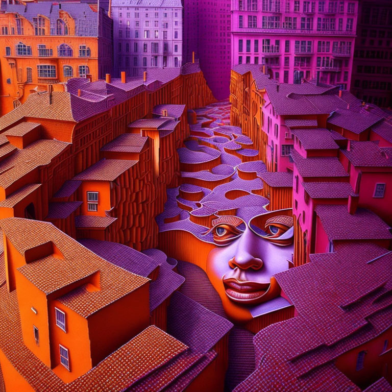 Purple and Orange Surrealistic Urban Landscape with Giant Female Face