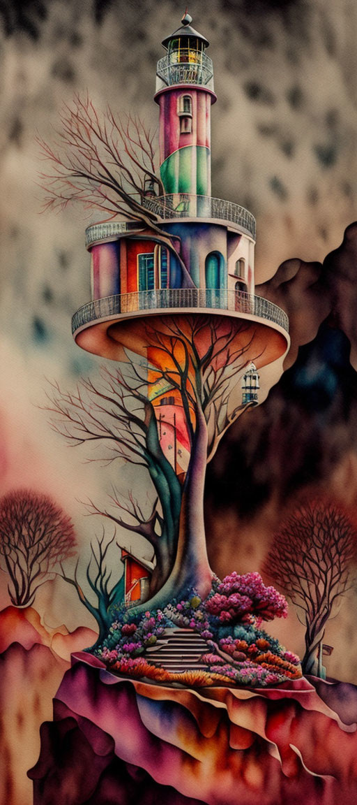 Whimsical painting: lighthouse on tree with colorful flowers