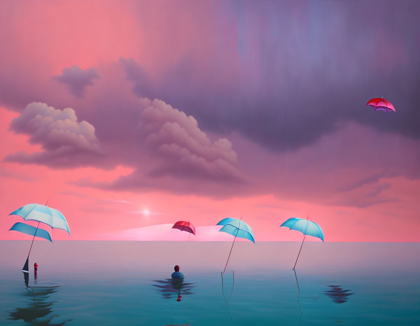 Surreal sunset scene with floating umbrellas and lone figure in serene sea