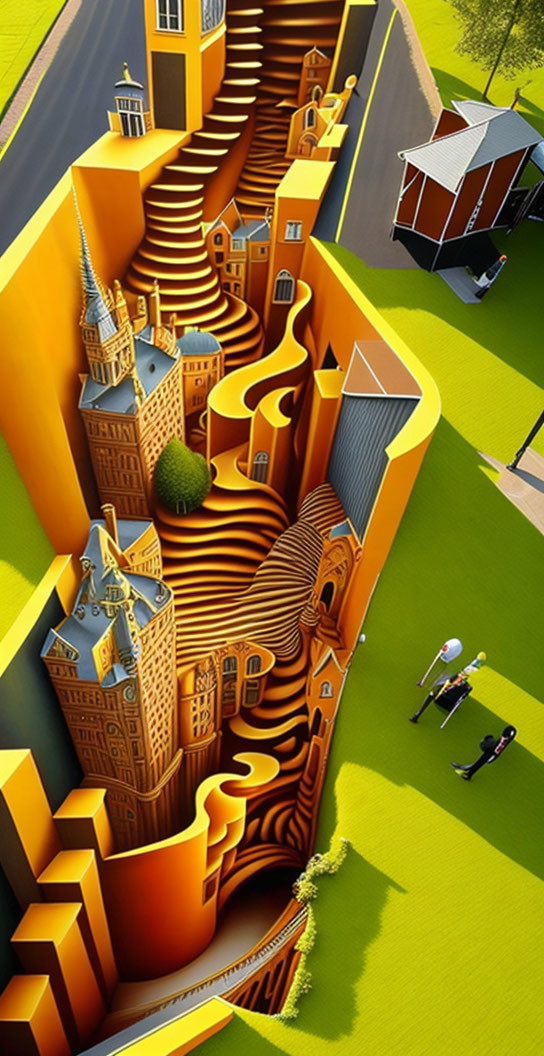 Vertical, maze-like cityscape with striped buildings and pedestrians on street