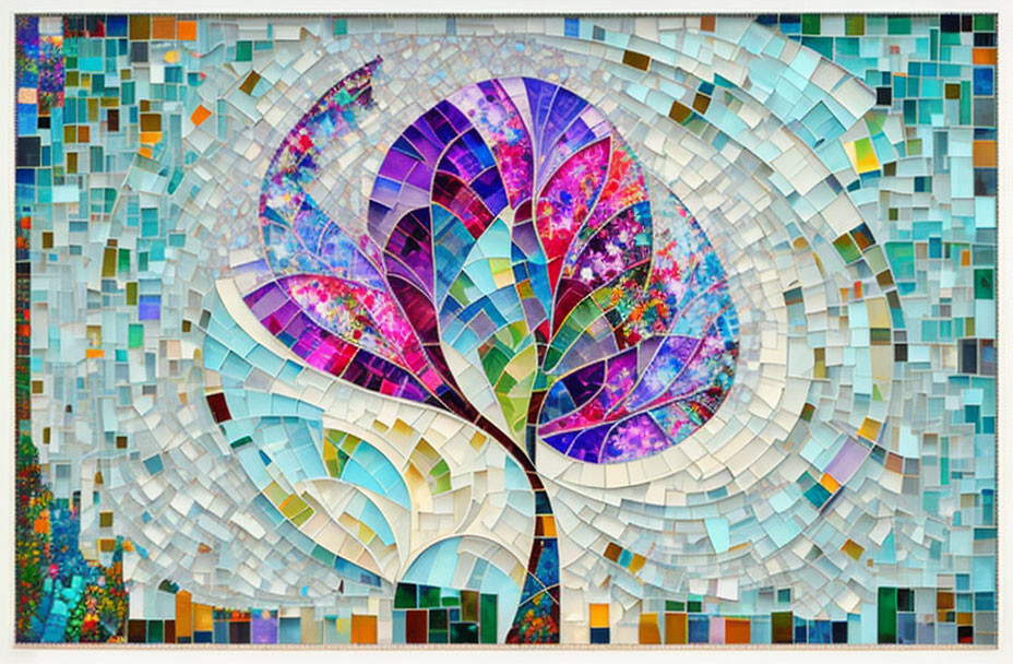 Vibrant mosaic artwork of abstract tree in blue, purple, and teal
