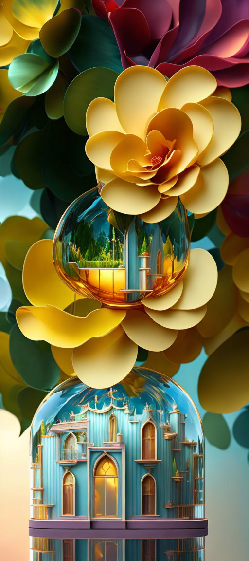 Colorful floral background with forest bubble on architectural structure