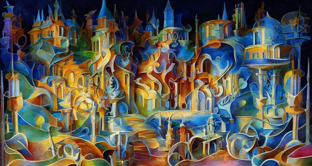 Colorful cityscape painting with swirling architecture in blues, oranges, and yellows.