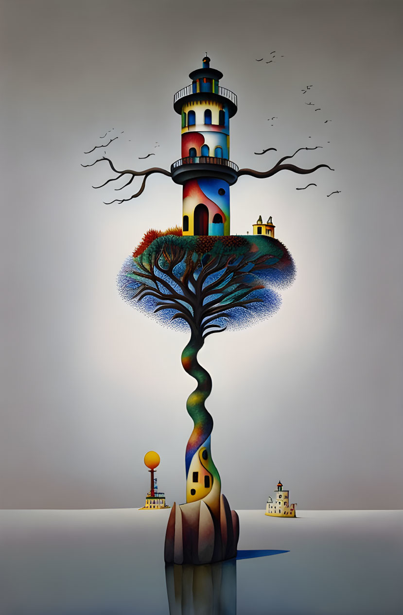 Colorful lighthouse on tree with roots, birds, and water reflection in whimsical artwork