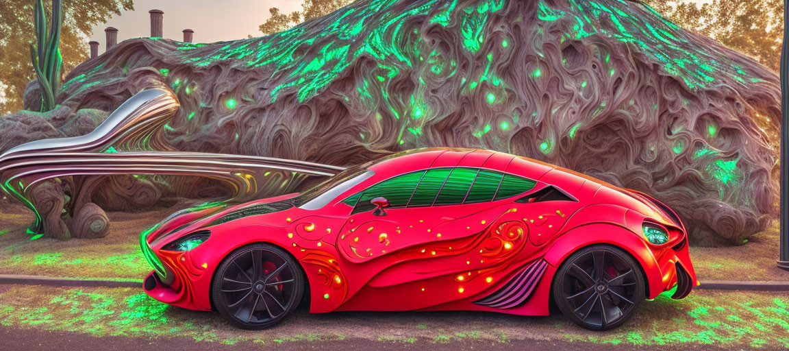 Vibrant red sports car parked beside surreal organic structure at sunset