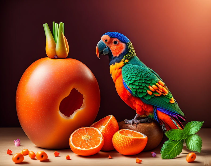 Colorful Parrot with Fruits and Mint Leaves on Vibrant Orange Background
