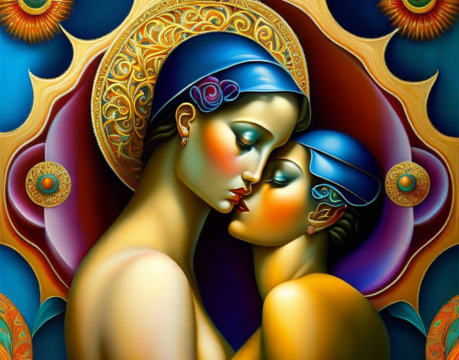 Stylized women in close embrace with ornate patterns and vibrant colors