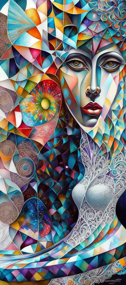 Vibrant abstract art: woman's face with colorful geometric patterns