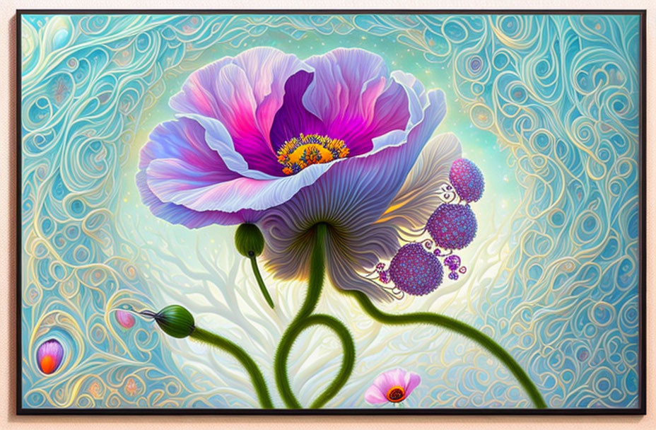 Colorful digital art: Large purple and blue poppy flower with swirling designs on aqua background
