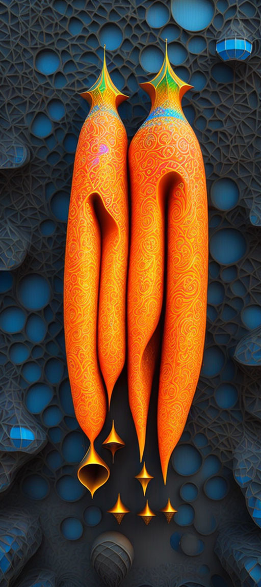 Intricate orange seed-like structures on blue background with hexagonal shapes.