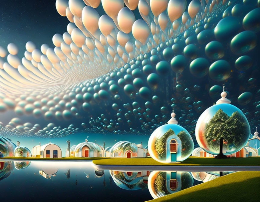 Surreal Landscape with Spherical Structures and Orbs Reflected in Water