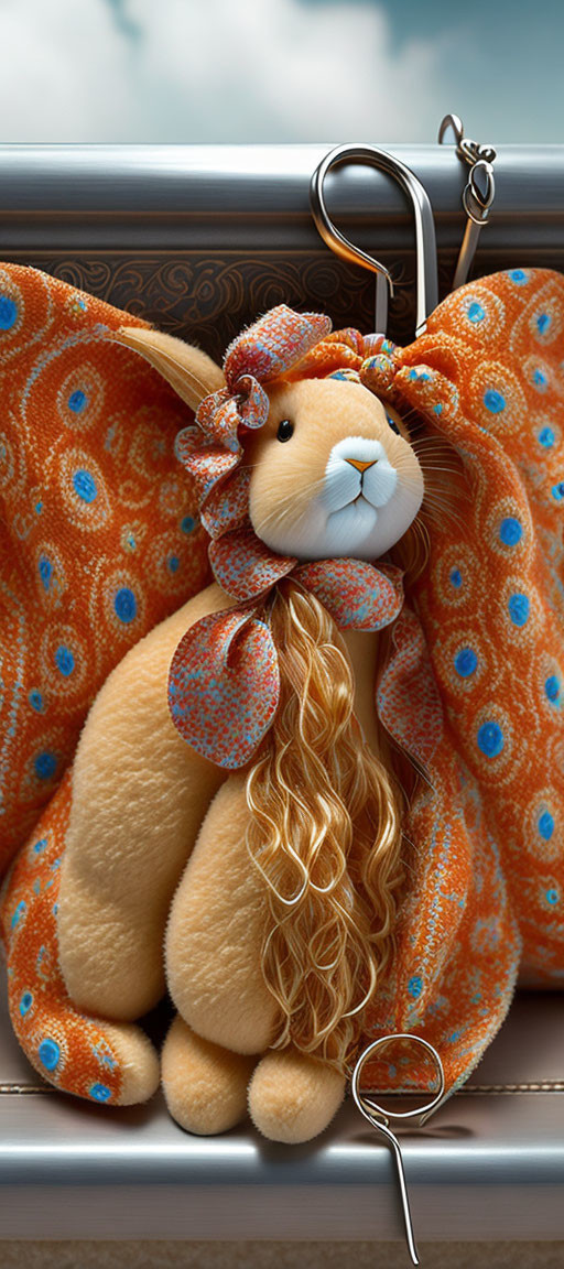 Colorful Plush Toy Rabbit with Curly Hair in Suitcase with Vibrant Orange Lining