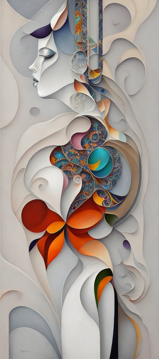 Colorful Abstract Painting with Stylized Face Profile and Flowing Forms