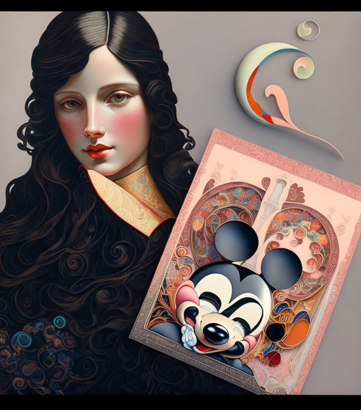 Dark-haired woman and Mickey Mouse on ornate background illustration.