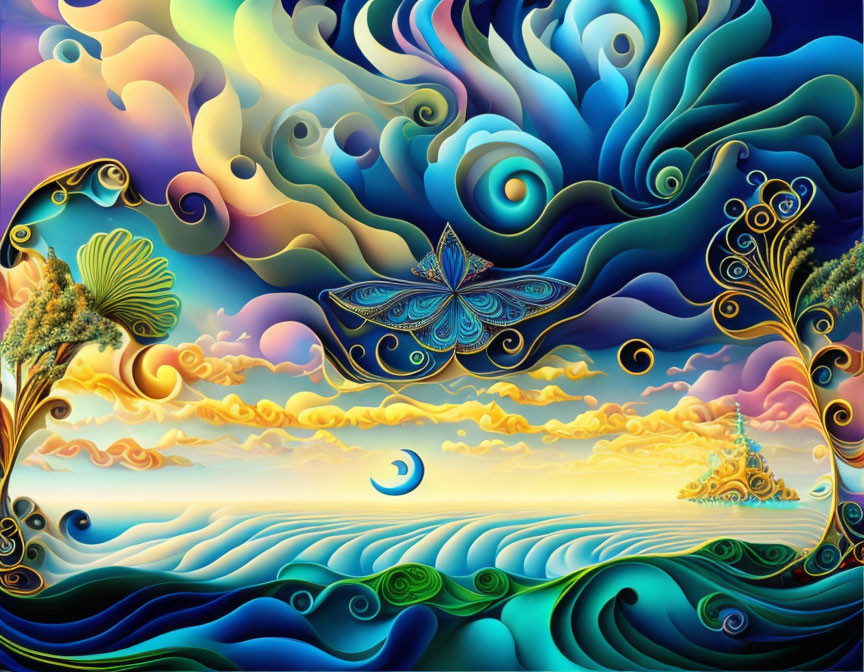 Colorful landscape with swirling clouds, waves, foliage, and butterfly motif