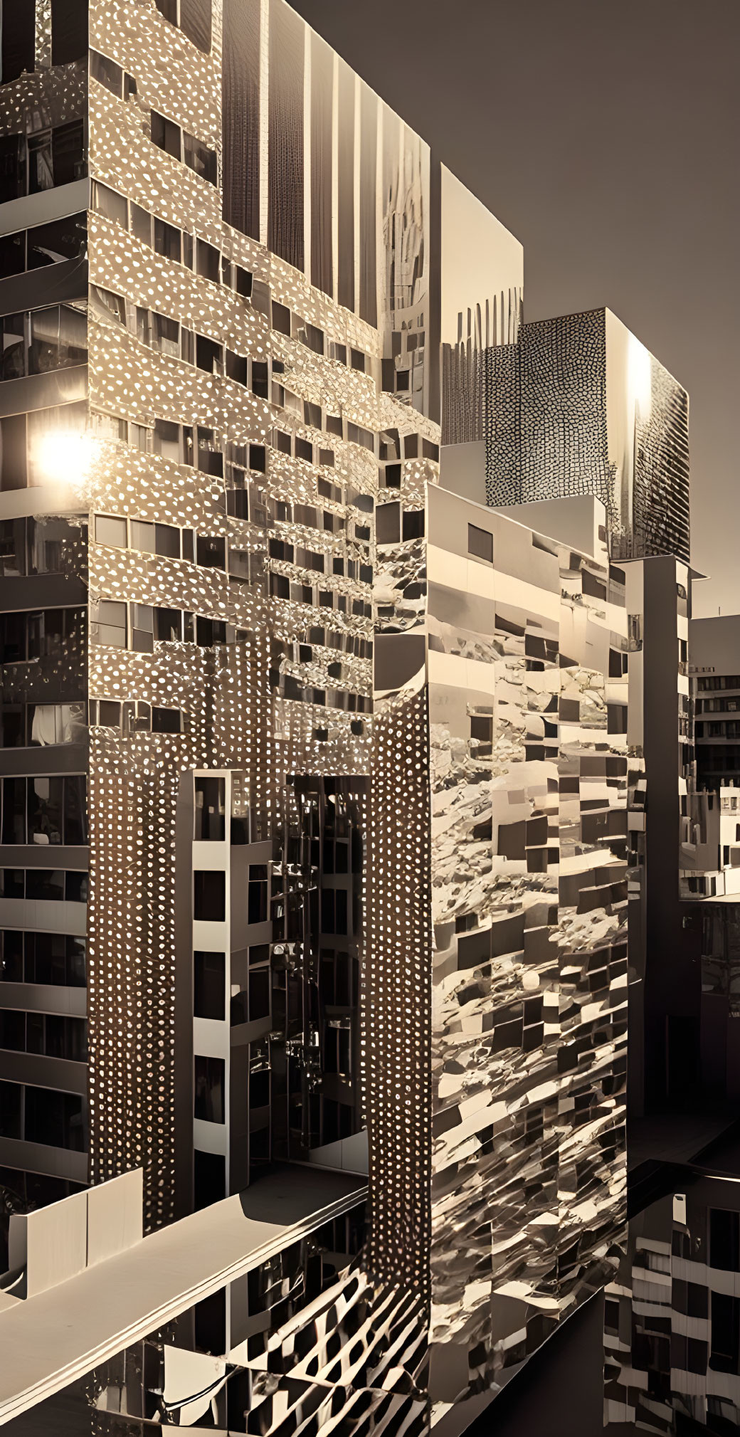Sepia-toned image of modern buildings with patterned facades and dramatic lighting.